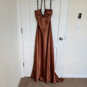Strapless Satin Gown in Rich Brown